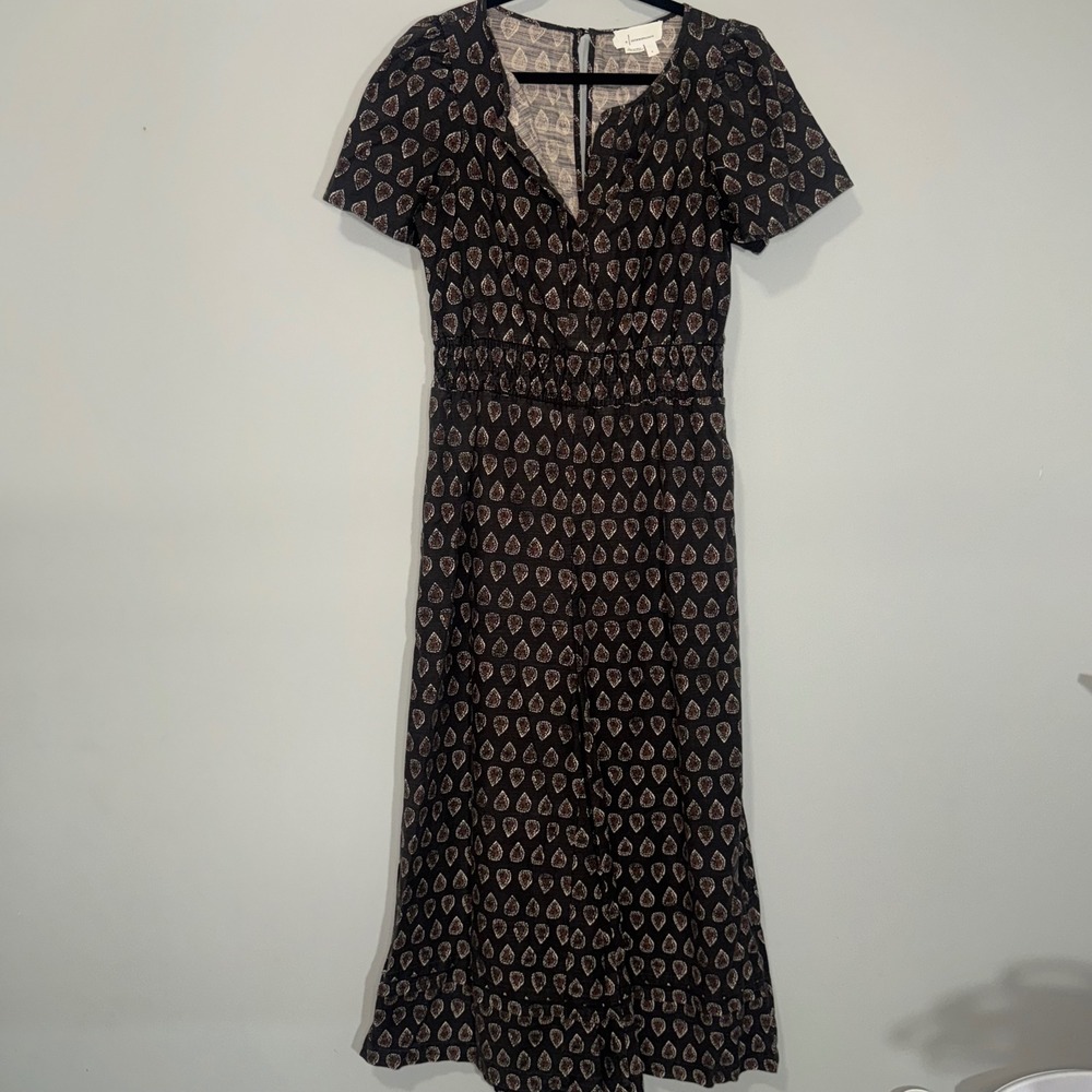 Anthropologie Teardrop Block Print Smocked Wide Leg Jumpsuit Black Brown Small